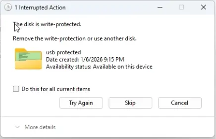 Disk is write protected error on USB
