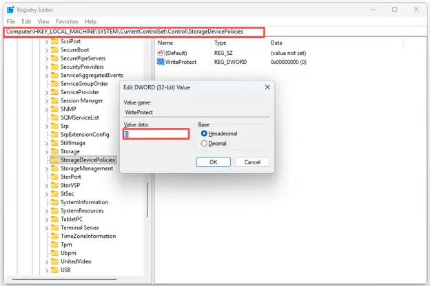 change writeprotect value data to 0 using Registry Editor