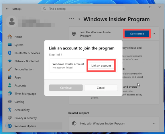 click Get started under Windows Insider Program
