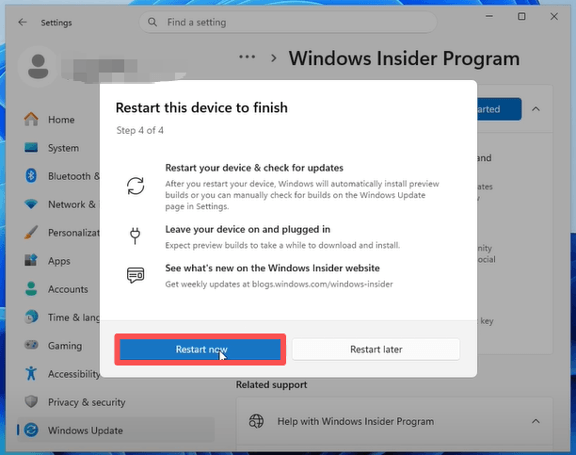 click Restart Now to enroll in Dev Channel
