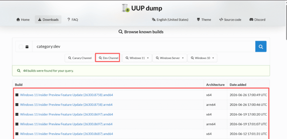 click Dev Channel on UUP