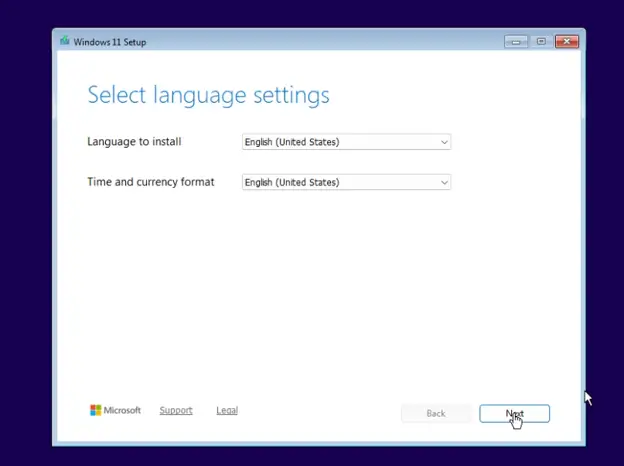 select language settings in Windows 11 installation