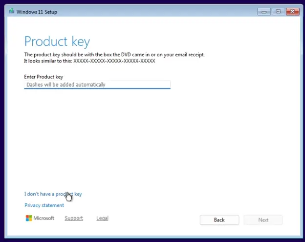 enter product key in Windows 11 installation