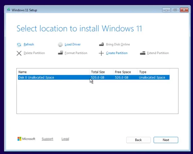 select location to install Windows 11