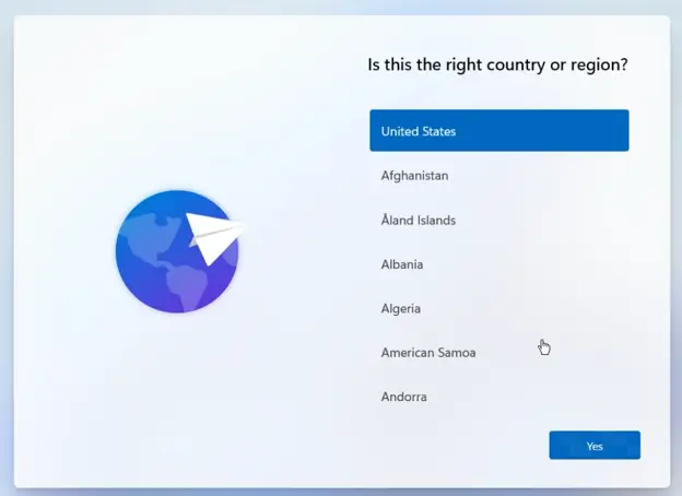 Choose Country to set up Windows 11