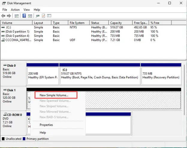select New Simple Volume