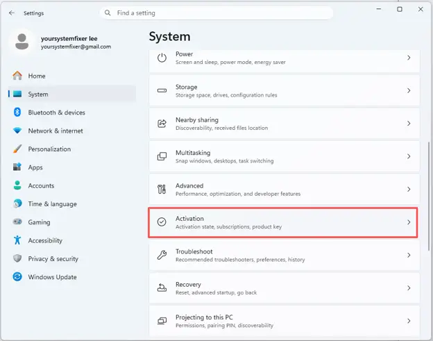 click Activation on Windows 11 settings