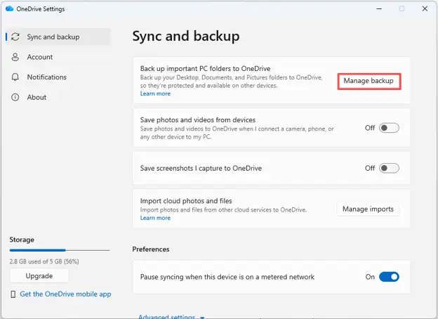select Sync and back up and click Manage backup on OneDrive
