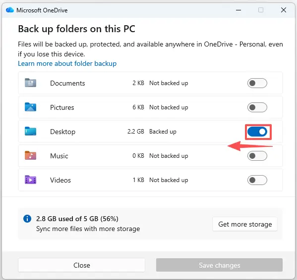 disable OneDrive backup for the Desktop folder