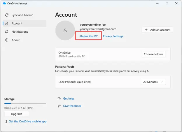 Click Unlink This PC on OneDrive
