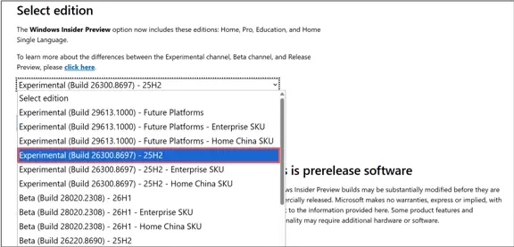 select Experimental (Build 26300.8553) – 25H2