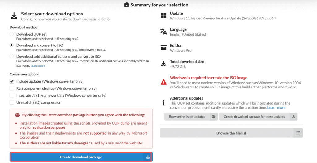 Configure the 26h2 download options on UUP