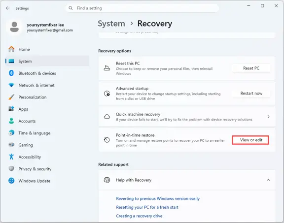 click on the View or edit next to Point-in-time restore