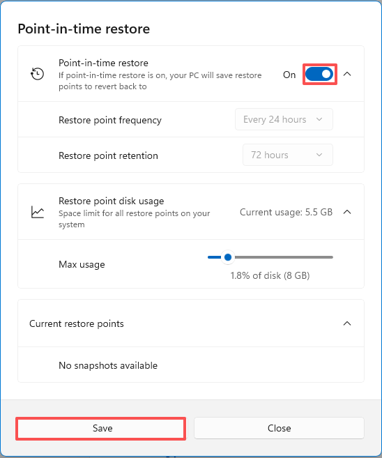 enable Point-in-time restore in Windows settings