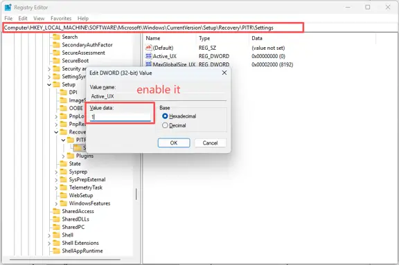 enable Point-in-time restore using Registry Editor