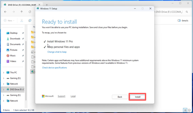 Click Install to keep personal files and apps