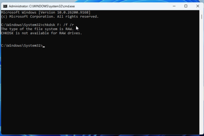 The type of the file system is RAW. CHKDSK is not available for RAW drives error