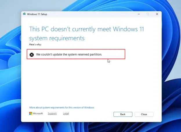 we couldn't update the system reserved partition