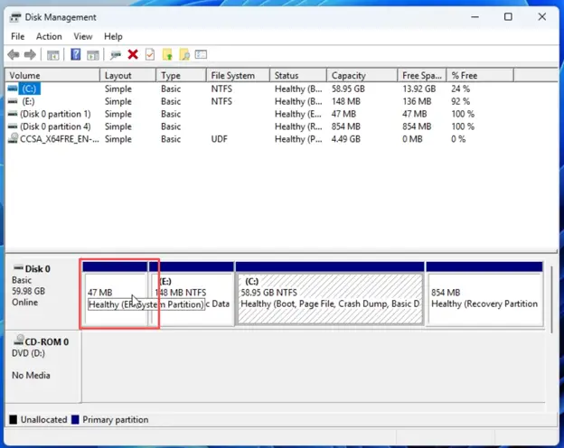 check EFI system partition in Disk Management