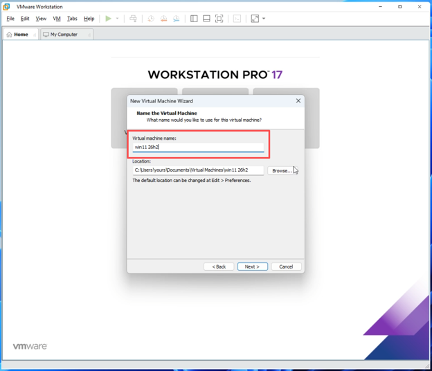 Name VM win11 26h2