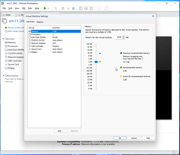 adjust memory size for virtual machine