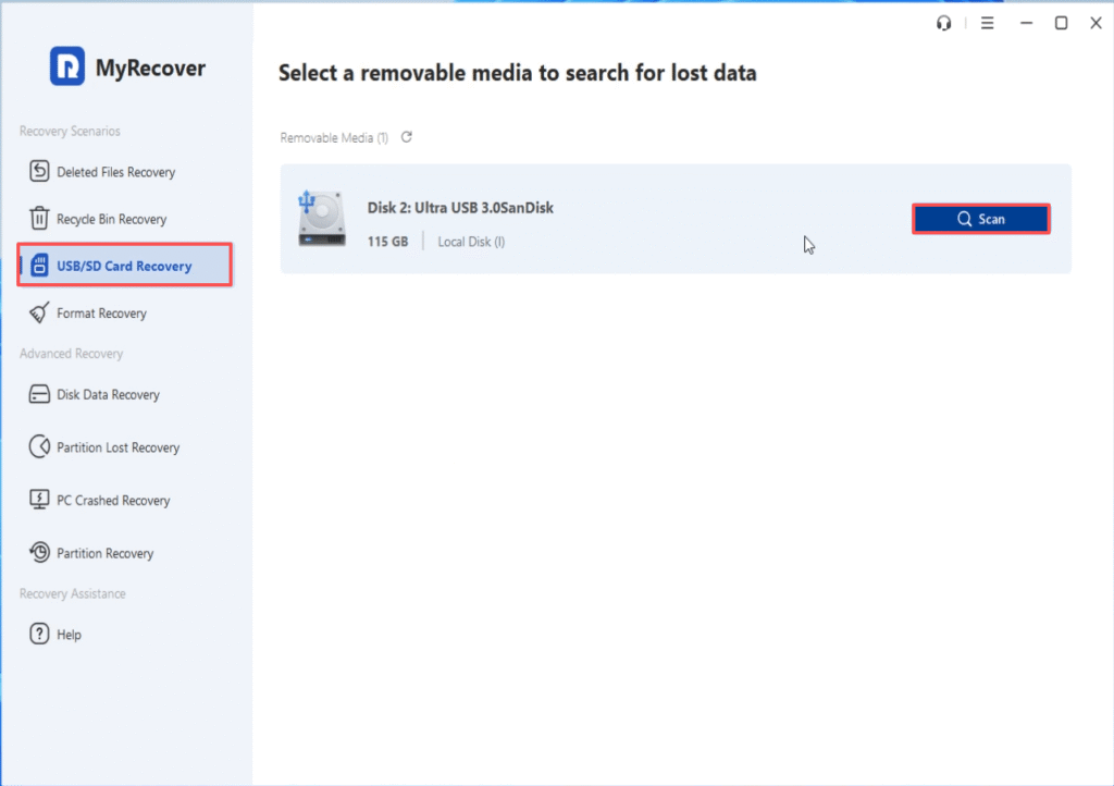 select USB SD card recovery and click Scan on MyRecover