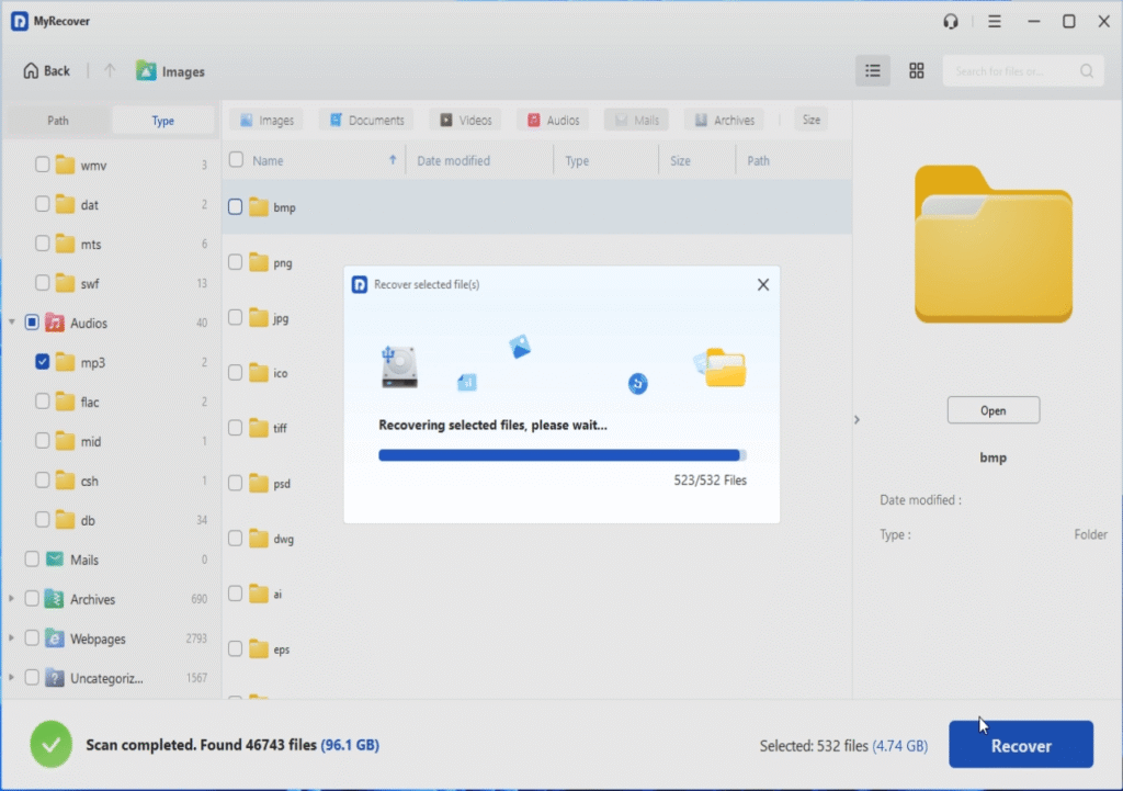 click recover and select a location to save recovery on MyRecover