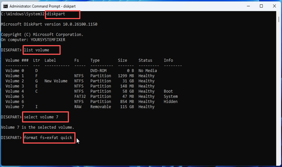 format a USB to exfat using DiskPart