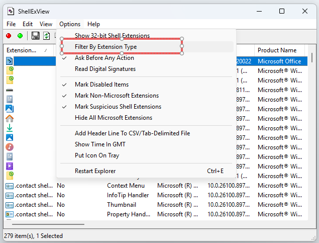 select Filter by Extension Type in ShellExView