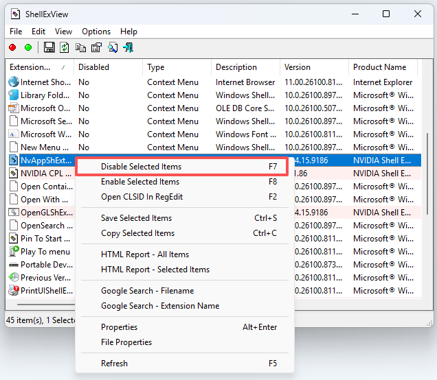 disable shell extension using ShellExView