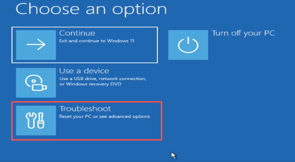 select Troubleshoot in WinRE